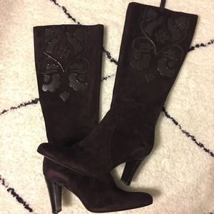 Brown Suede Tall Boot w/ Patent Floral Detail